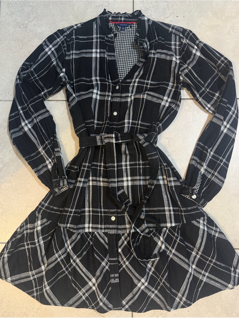 Nautica Black and White Plaid Long-Sleeve Shirt Dress